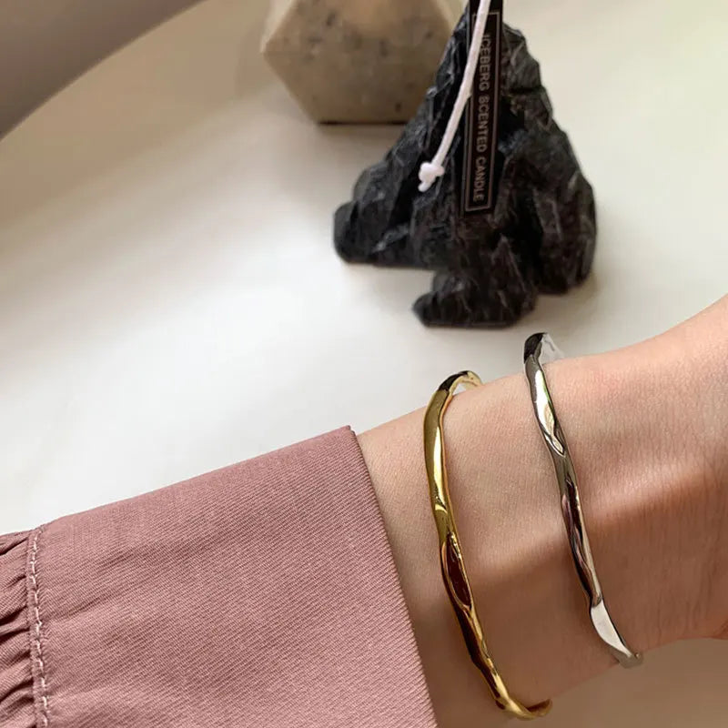 925 Sterling Silver Bangle Bracelet Golden Smooth Twist Irregular Punk Stackable For Woman Girl Jewelry Gift Dropship Wholesale