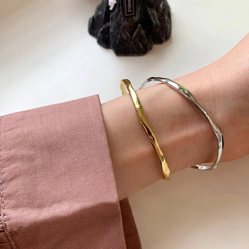 925 Sterling Silver Bangle Bracelet Golden Smooth Twist Irregular Punk Stackable For Woman Girl Jewelry Gift Dropship Wholesale